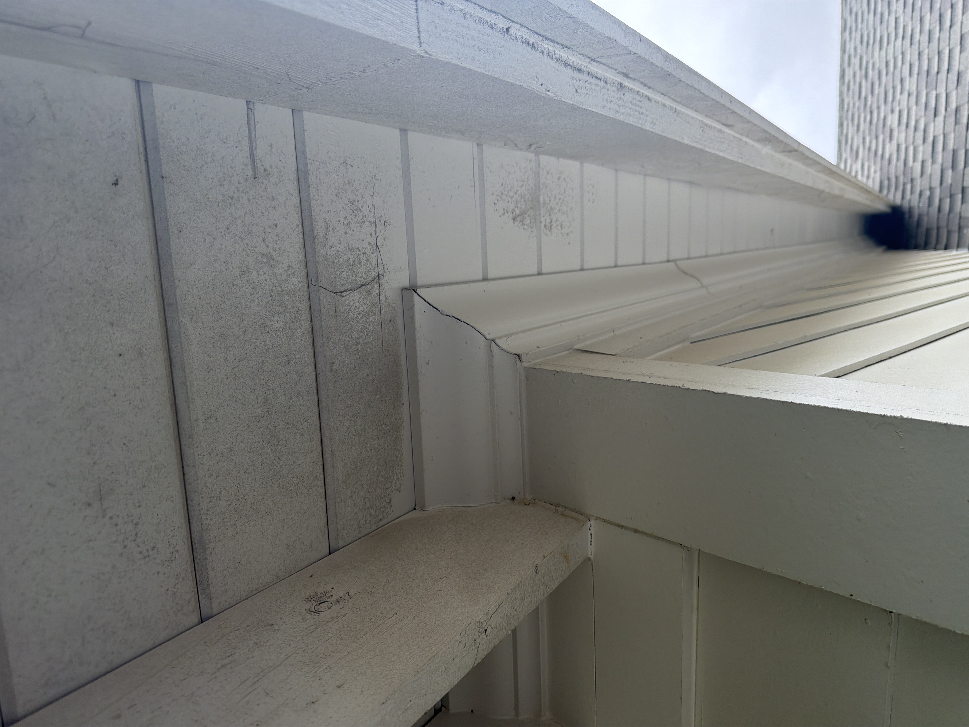 White vinyl soffit with heavy mildew and dirt buildup before house washing in Marietta, GA