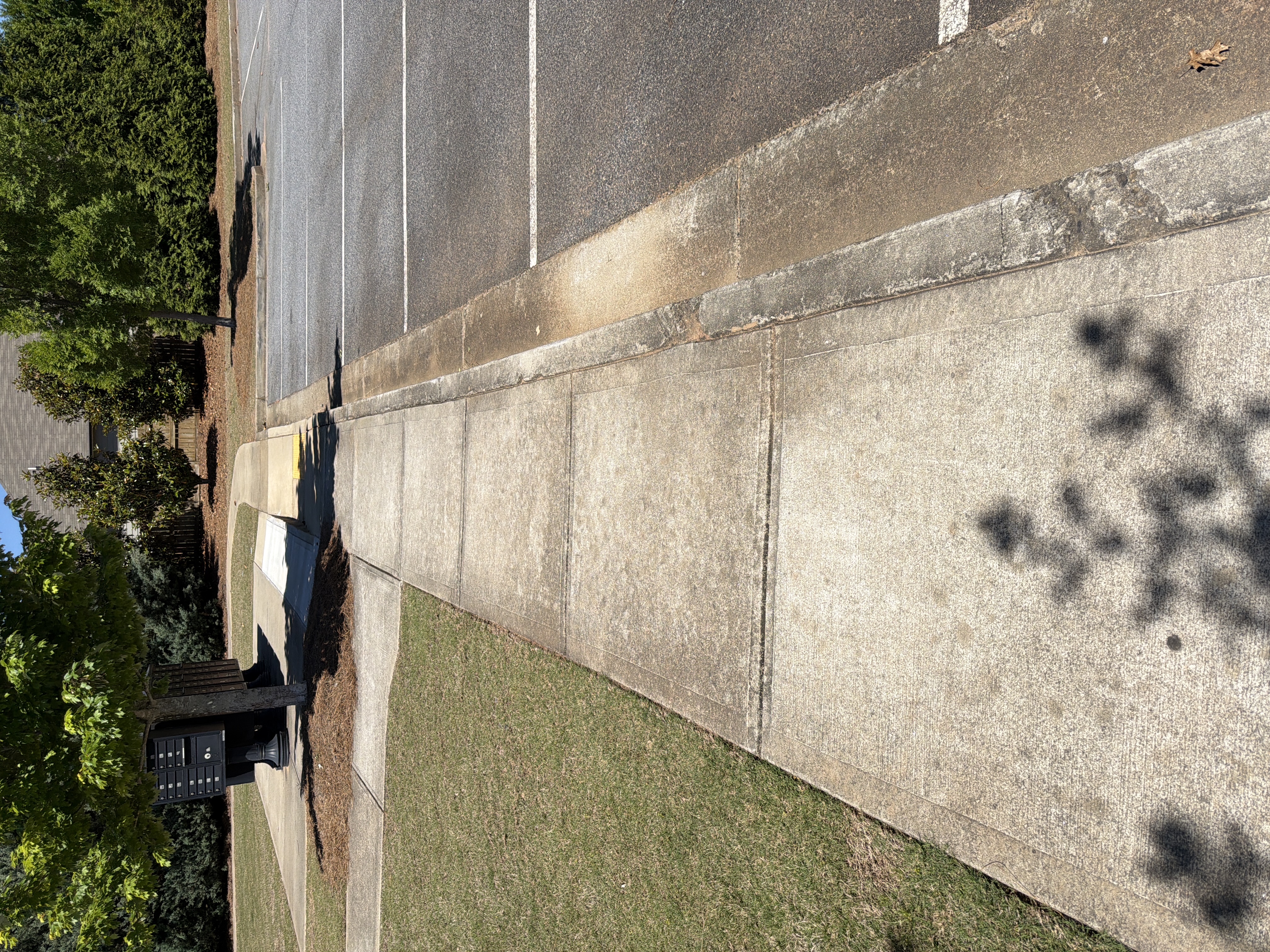 Dirty concrete sidewalk beside a parking lot before pressure washing at a community property in Canton, GA