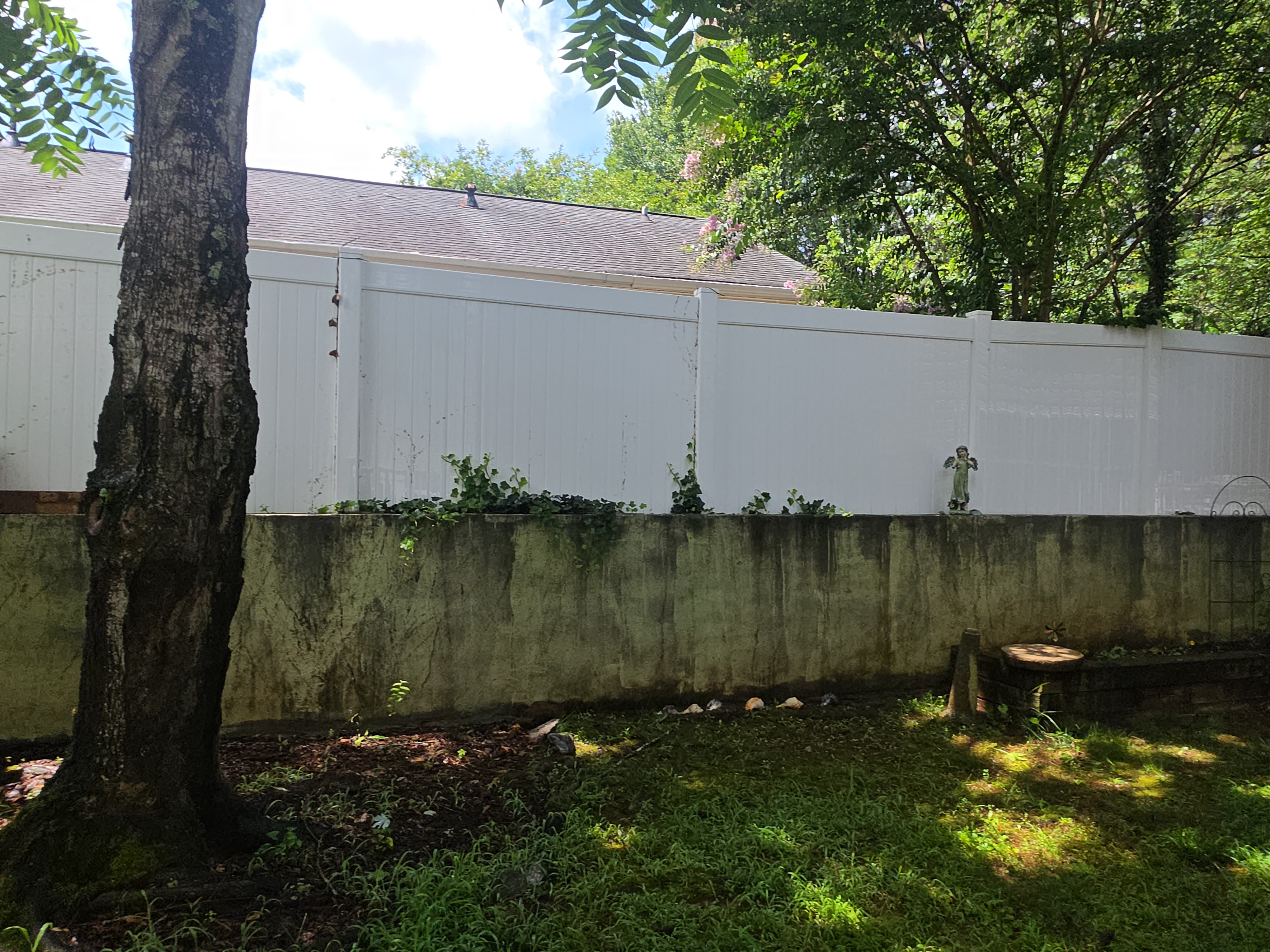 Concrete retaining wall covered in algae and mildew beneath a white vinyl fence, before pressure washing in Woodstock, GA.