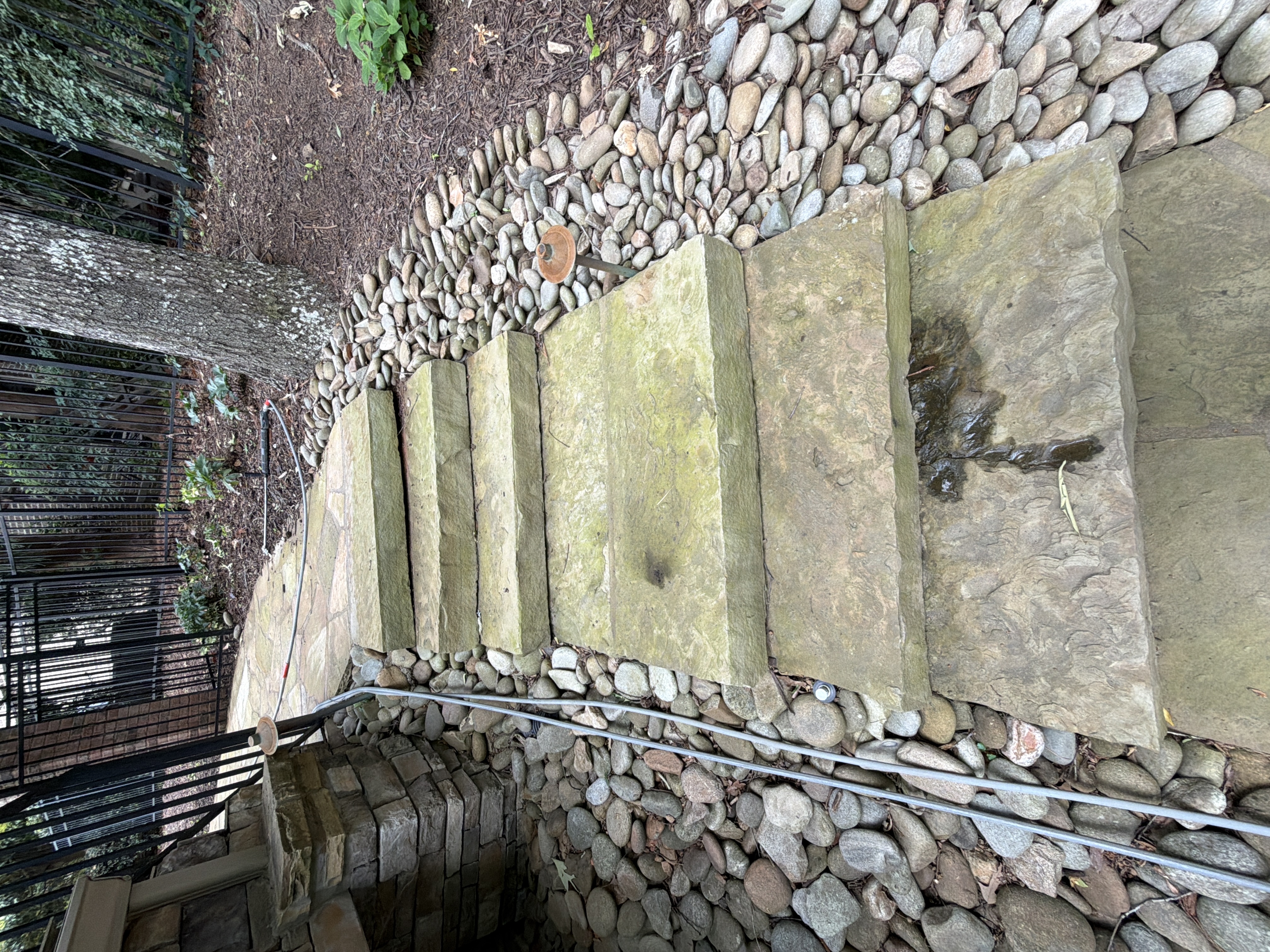 Close-up of flagstone steps covered with algae and green discoloration before pressure washing at a Duluth, GA residence.